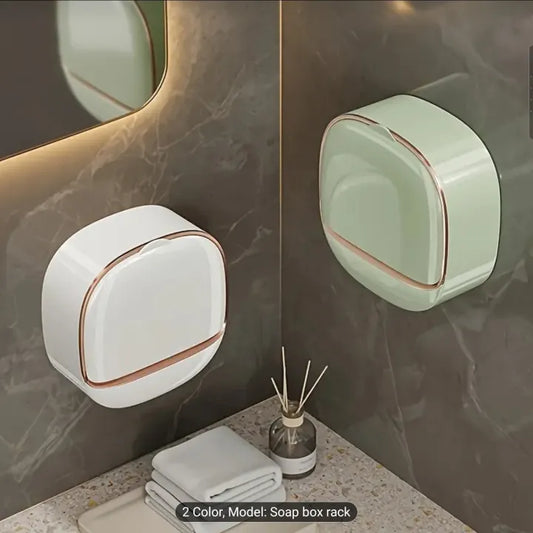 Soap Dish White & Mint Green Adhesive No-Drill Wall-Mounted Soap Dish Holder, Plastic Shower Bathtub Soap Box with Adhesive Backing (No Screws) - Space-Saving Rectangular Bathroom Sink / Shower Unit, Easy Installation, for bathtub, Shower Walls